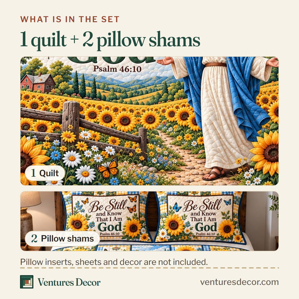 What is in the set: one quilt and two pillow shams, shown in the Christian Be Still And Know Jesus Quilt Set, 3-Piece Quilted Bedding with 2 Pillow Shams design