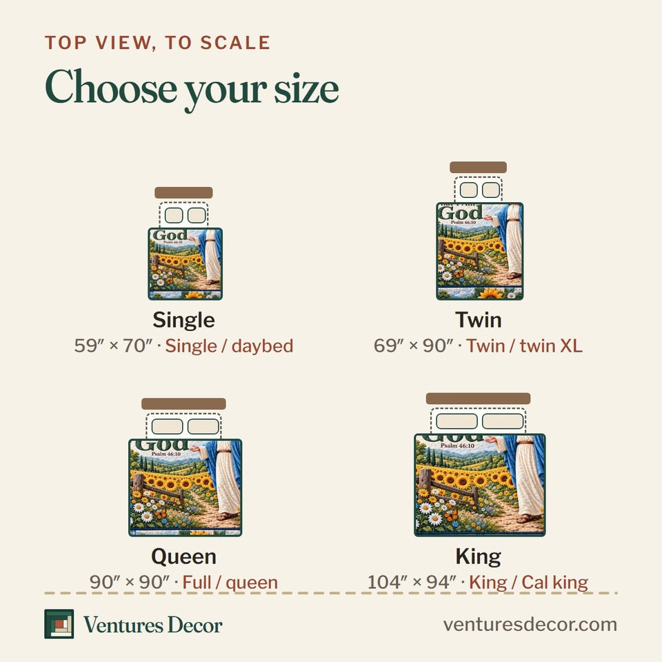 Size guide for the Christian Be Still And Know Jesus Quilt Set, 3-Piece Quilted Bedding with 2 Pillow Shams quilt, top view to scale: Single 59 x 70 in, Twin 69 x 90 in, Queen 90 x 90 in, King 104 x 94 in