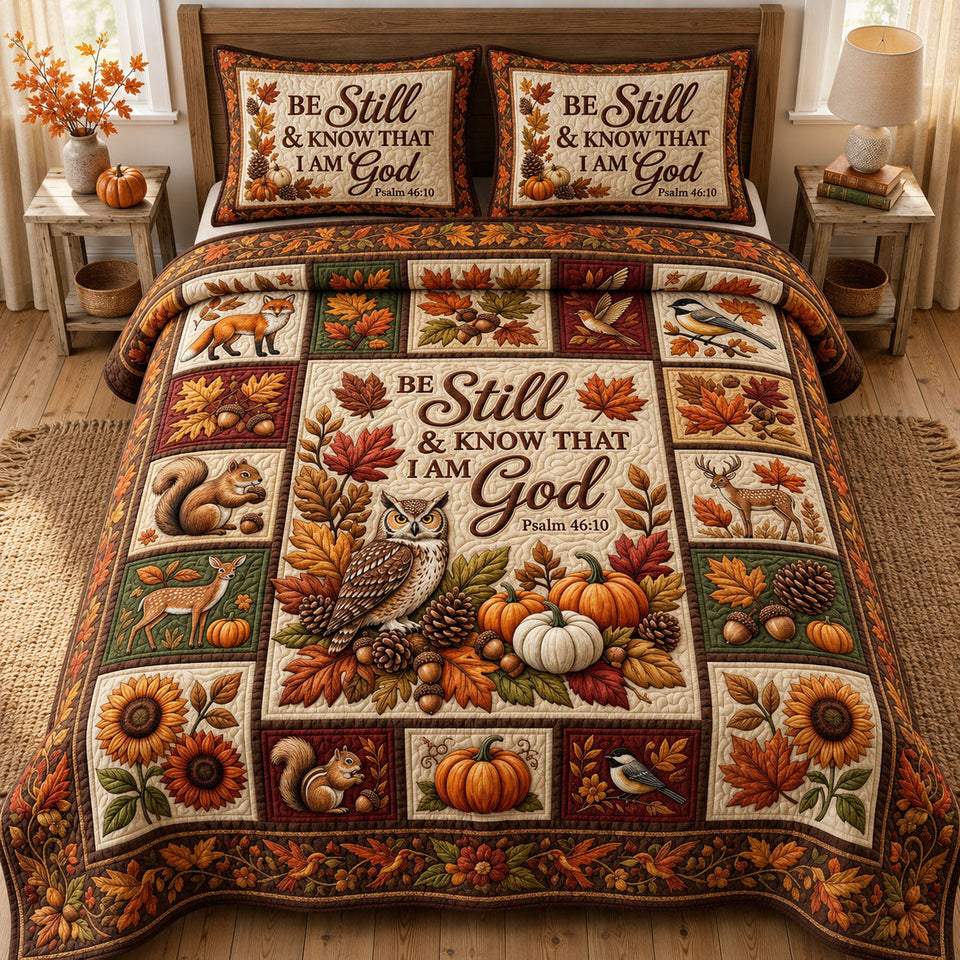 Be Still Autumn Owl quilted bedding set, quilt and two pillow shams on a made bed