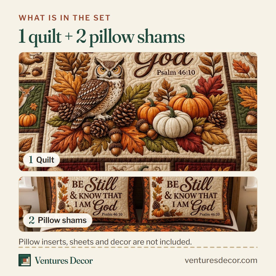 What is in the set: one quilt and two pillow shams, shown in the Be Still Autumn Owl design