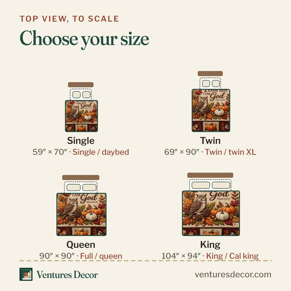 Size guide for the Be Still Autumn Owl quilt, top view to scale: Single 59 x 70 in, Twin 69 x 90 in, Queen 90 x 90 in, King 104 x 94 in