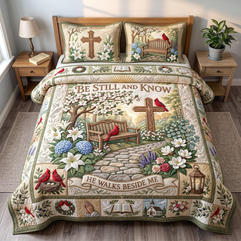 Be Still Cross quilted bedding set, quilt and two pillow shams on a made bed