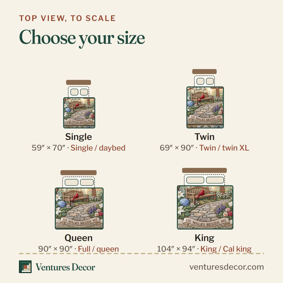 Size guide for the Be Still Cross quilt, top view to scale: Single 59 x 70 in, Twin 69 x 90 in, Queen 90 x 90 in, King 104 x 94 in