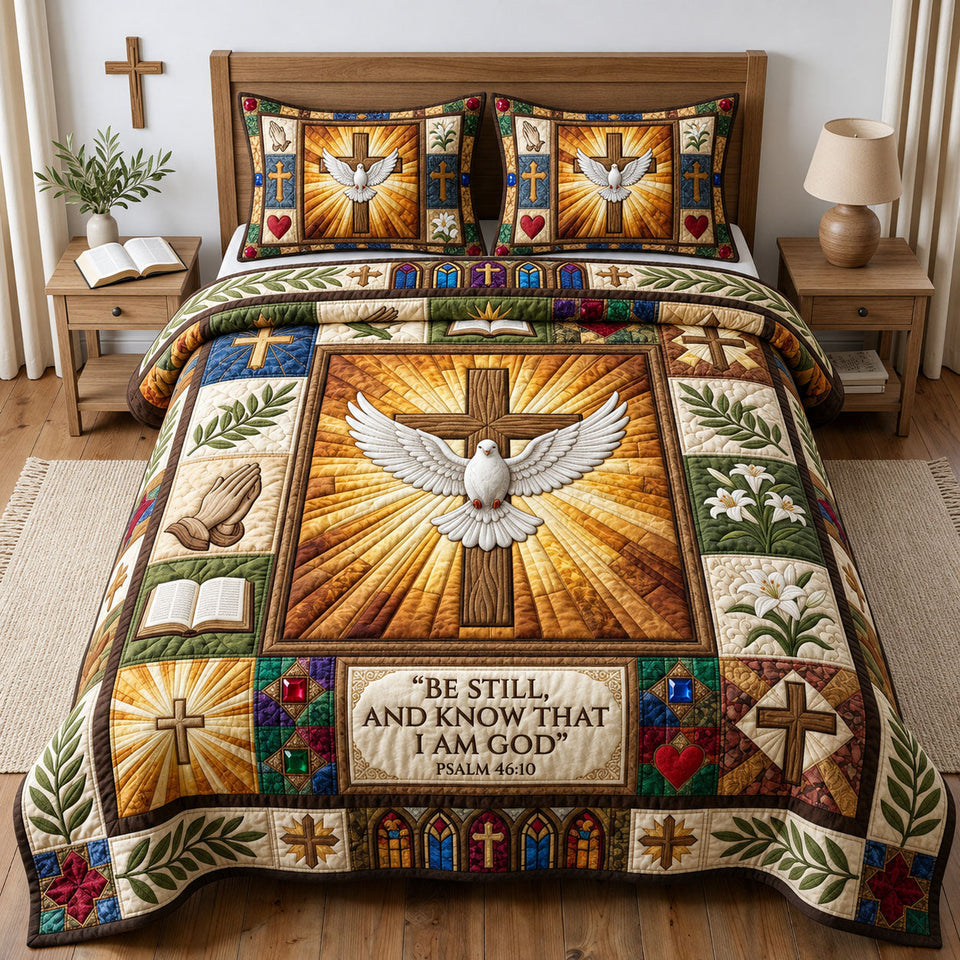 Be Still Dove Radiance quilted bedding set, quilt and two pillow shams on a made bed