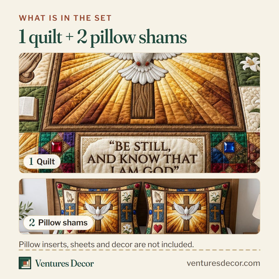What is in the set: one quilt and two pillow shams, shown in the Be Still Dove Radiance design