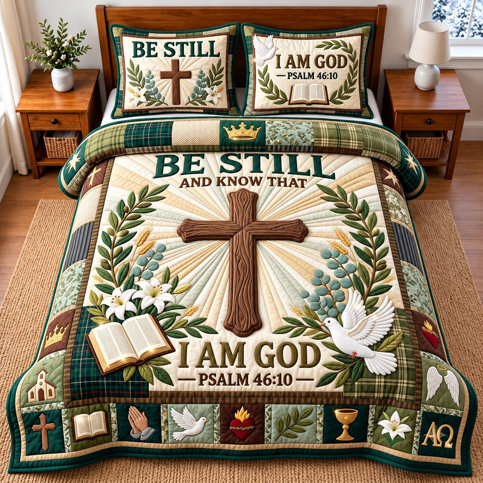 Be Still Faith Christian quilted bedding set, quilt and two pillow shams on a made bed