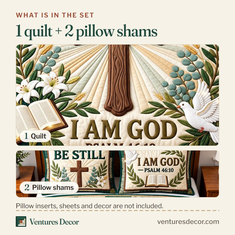What is in the set: one quilt and two pillow shams, shown in the Be Still Faith Christian Quilt Set, 3-Piece Quilted Bedding with 2 Pillow Shams design