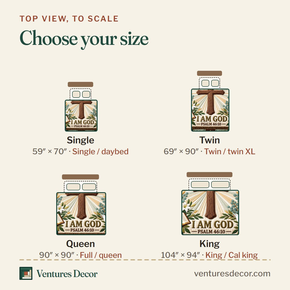 Size guide for the Be Still Faith Christian Quilt Set, 3-Piece Quilted Bedding with 2 Pillow Shams quilt, top view to scale: Single 59 x 70 in, Twin 69 x 90 in, Queen 90 x 90 in, King 104 x 94 in