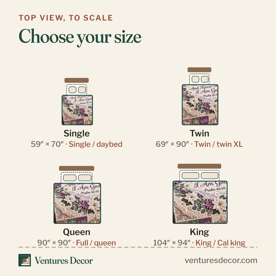 Size guide for the Be Still Faith Quilt Set, 3-Piece Quilted Bedding with 2 Pillow Shams quilt, top view to scale: Single 59 x 70 in, Twin 69 x 90 in, Queen 90 x 90 in, King 104 x 94 in