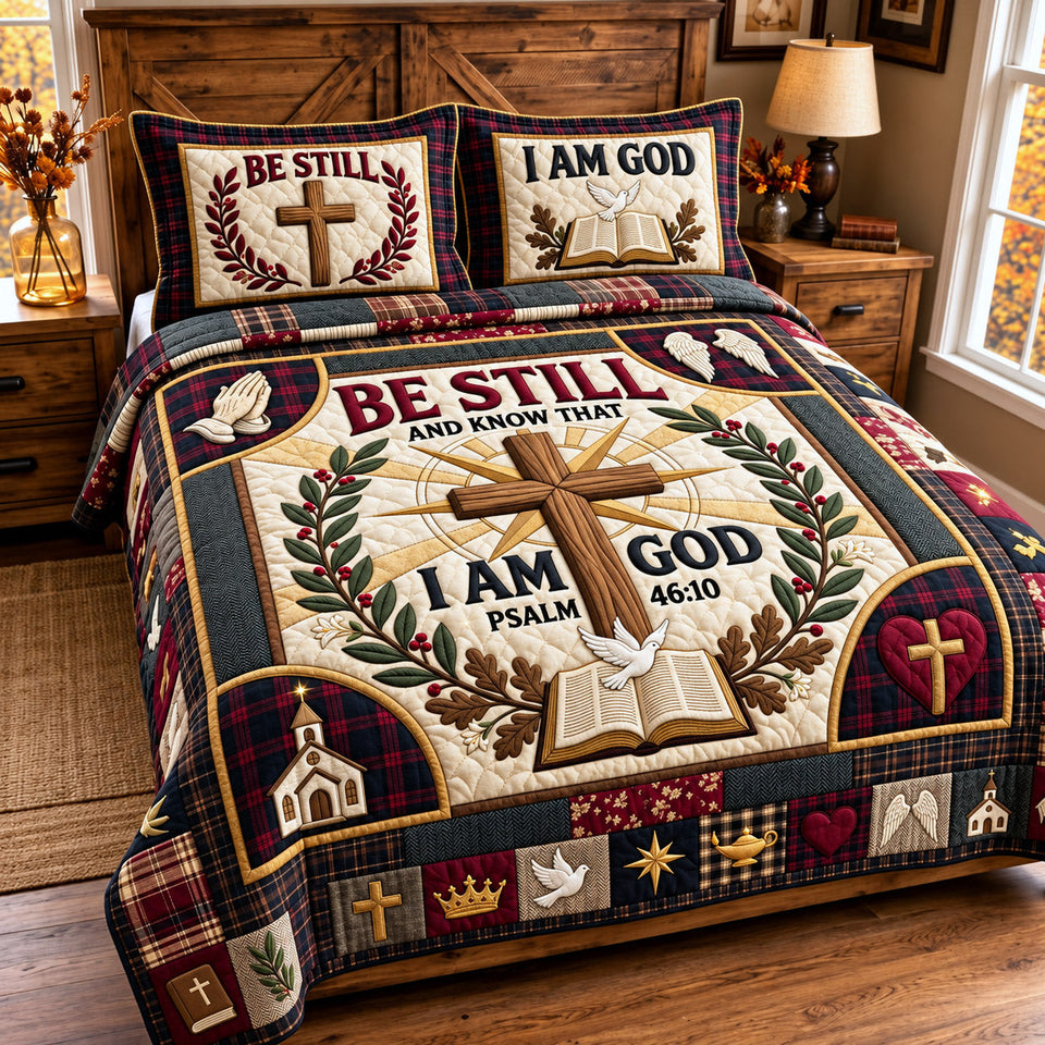 Be Still God quilted bedding set, quilt and two pillow shams on a made bed