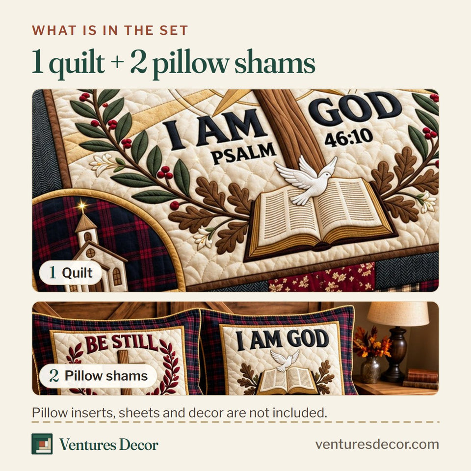 What is in the set: one quilt and two pillow shams, shown in the Be Still God Quilt Set, 3-Piece Quilted Bedding with 2 Pillow Shams design