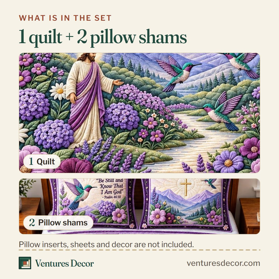 What is in the set: one quilt and two pillow shams, shown in the Be Still Lavender Faith design