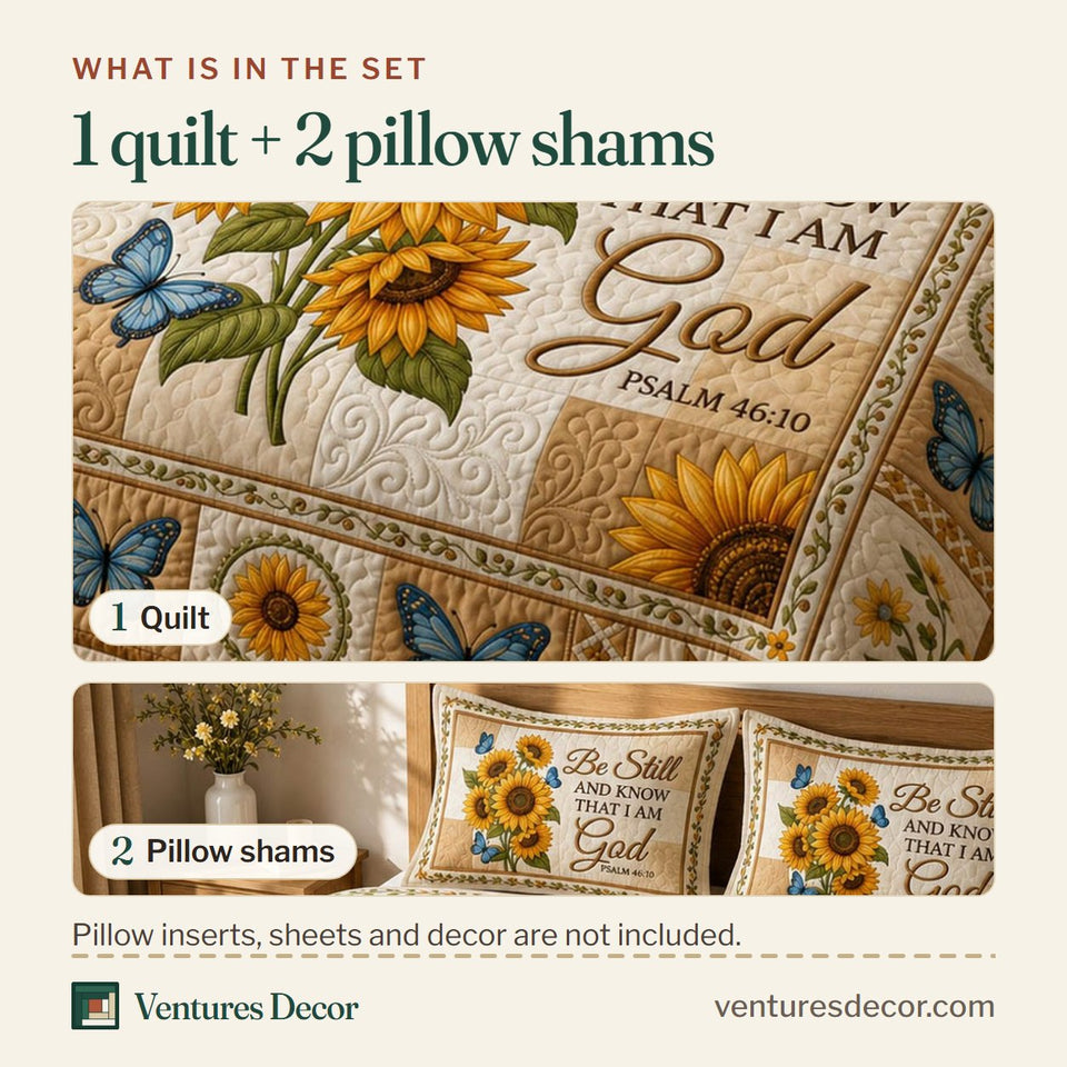What is in the set: one quilt and two pillow shams, shown in the Be Still Sunflowers and Butterflies Panel design
