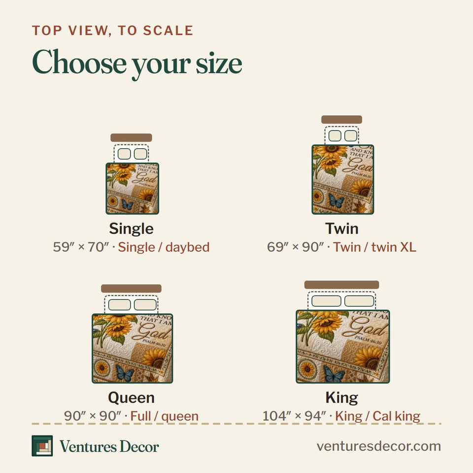 Size guide for the Be Still Sunflowers and Butterflies Panel quilt, top view to scale: Single 59 x 70 in, Twin 69 x 90 in, Queen 90 x 90 in, King 104 x 94 in