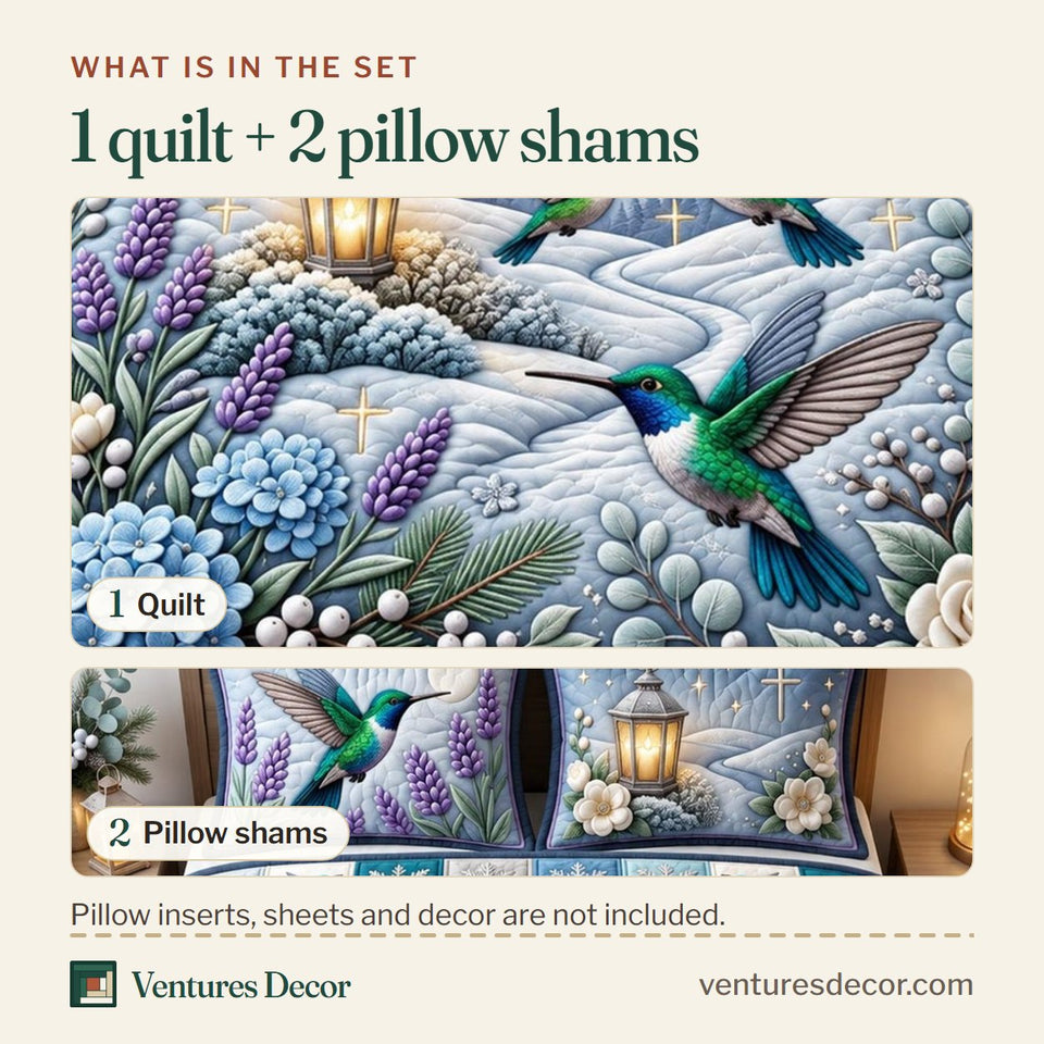 What is in the set: one quilt and two pillow shams, shown in the Be Still Winter Faith design