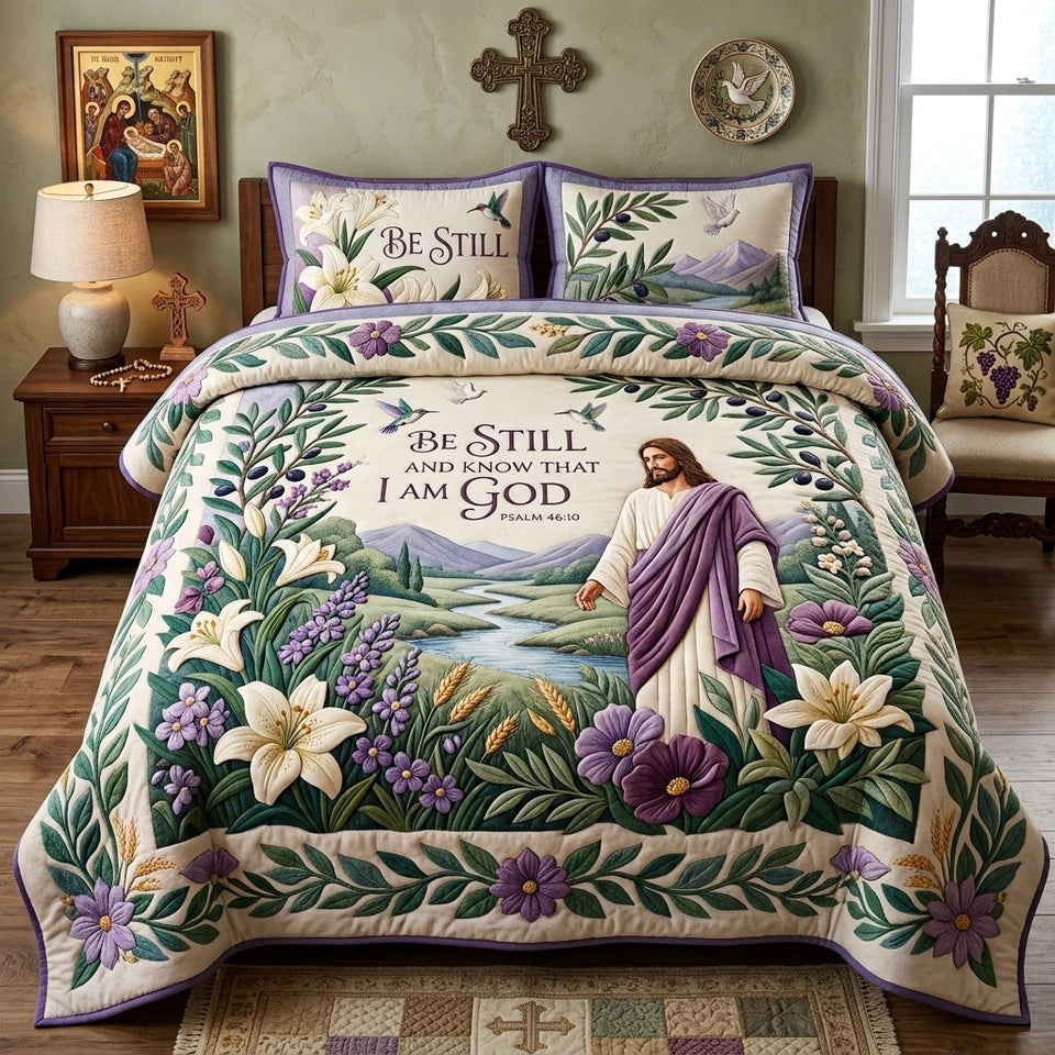 Be Still With God Amazing Grace quilted bedding set, quilt and two pillow shams on a made bed