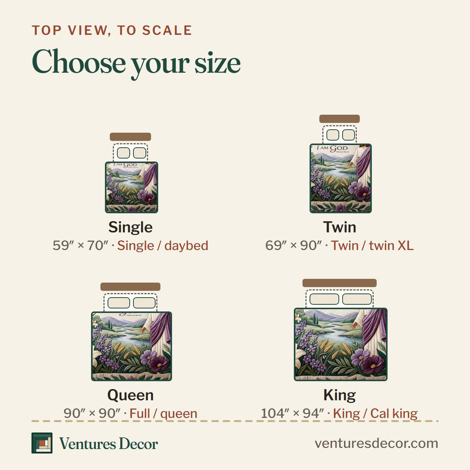 Size guide for the Be Still With God Amazing Grace Quilt Set, 3-Piece Quilted Bedding with 2 Pillow Shams quilt, top view to scale: Single 59 x 70 in, Twin 69 x 90 in, Queen 90 x 90 in, King 104 x 94 in