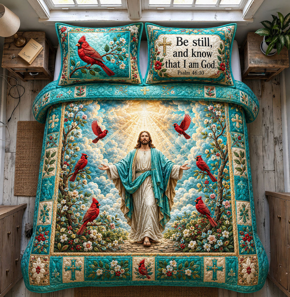 Be Still with God quilted bedding set, quilt and two pillow shams on a made bed