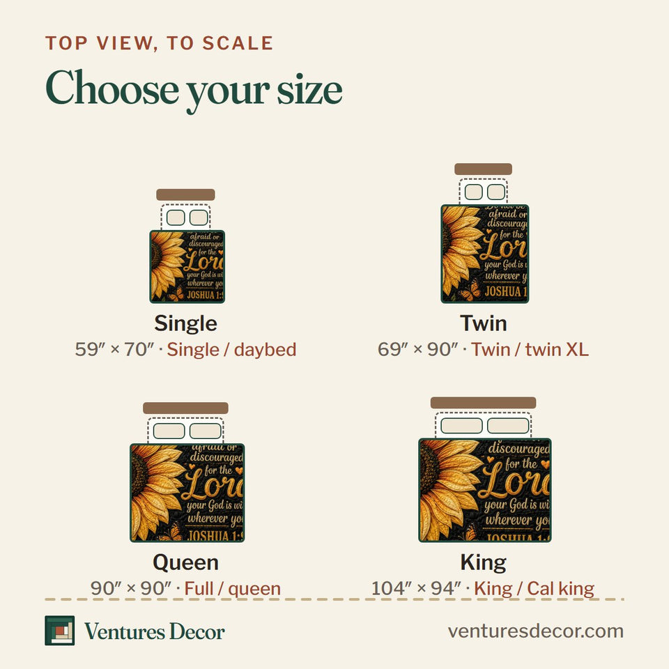 Size guide for the Be Strong and Courageous Sunflower quilt, top view to scale: Single 59 x 70 in, Twin 69 x 90 in, Queen 90 x 90 in, King 104 x 94 in