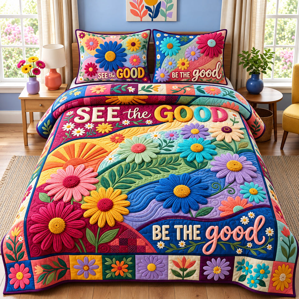 Be The Good quilted bedding set, quilt and two pillow shams on a made bed
