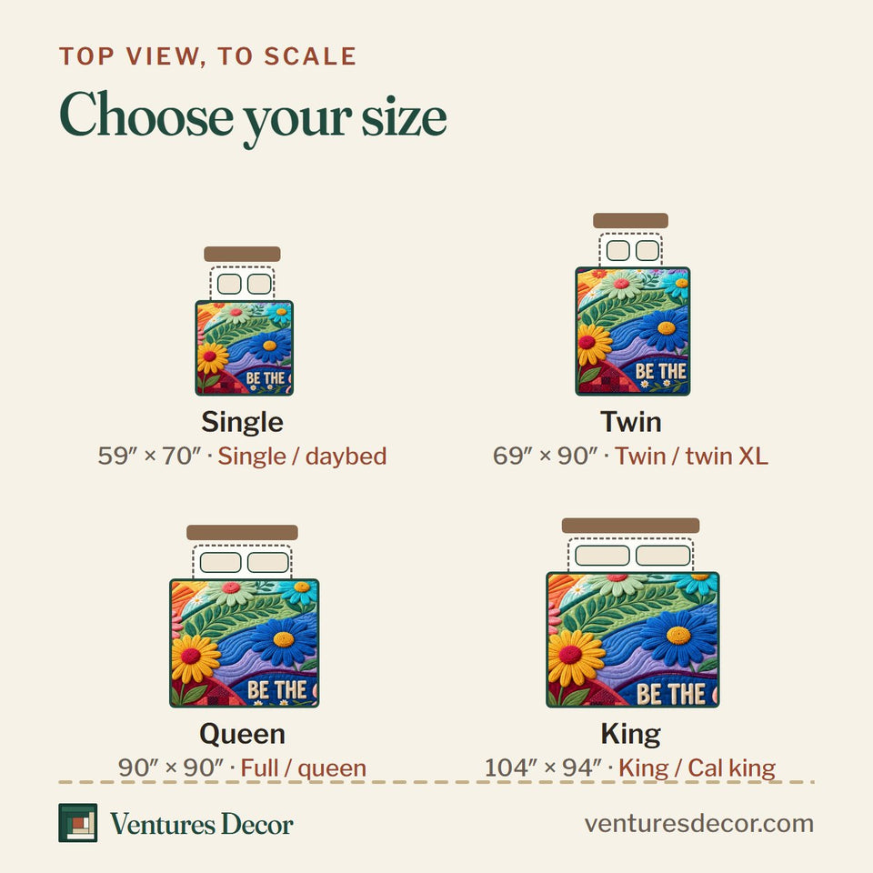 Size guide for the Be The Good Quilt Set, 3-Piece Quilted Bedding with 2 Pillow Shams quilt, top view to scale: Single 59 x 70 in, Twin 69 x 90 in, Queen 90 x 90 in, King 104 x 94 in