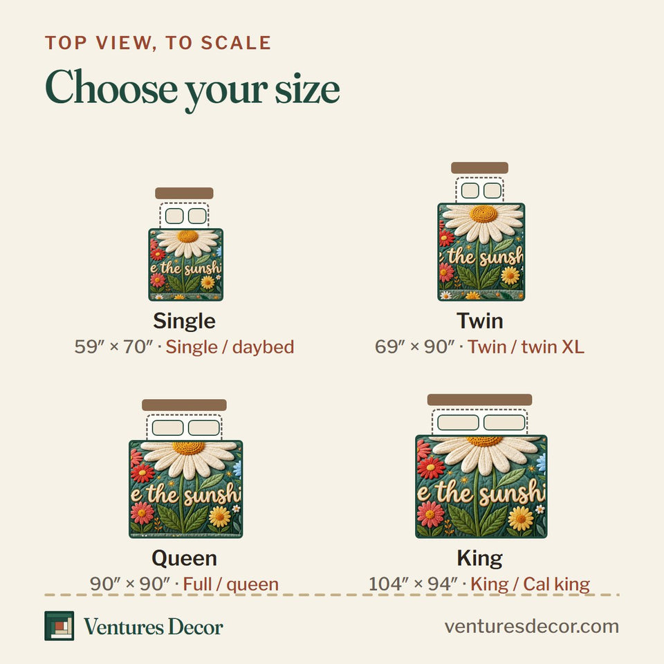 Size guide for the Be The Sunshine Quilt Set, 3-Piece Quilted Bedding with 2 Pillow Shams quilt, top view to scale: Single 59 x 70 in, Twin 69 x 90 in, Queen 90 x 90 in, King 104 x 94 in