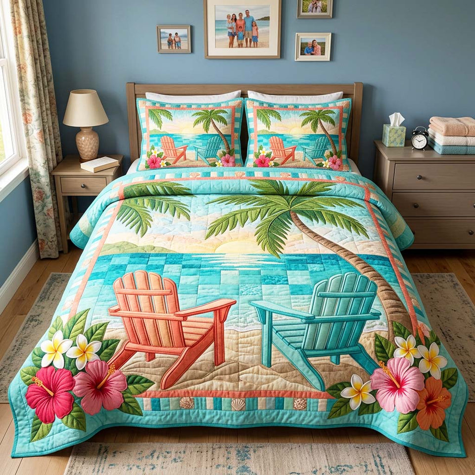 Beach Chairs quilted bedding set, quilt and two pillow shams on a made bed