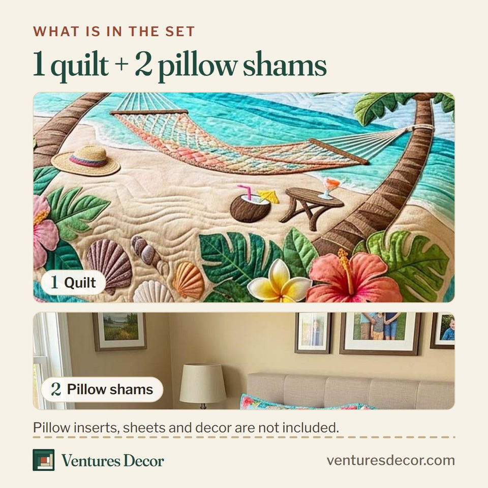 What is in the set: one quilt and two pillow shams, shown in the Beach Hammock design
