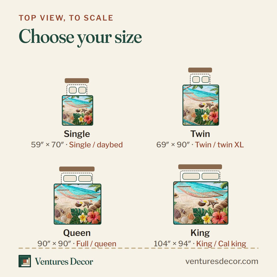 Size guide for the Beach Hammock quilt, top view to scale: Single 59 x 70 in, Twin 69 x 90 in, Queen 90 x 90 in, King 104 x 94 in
