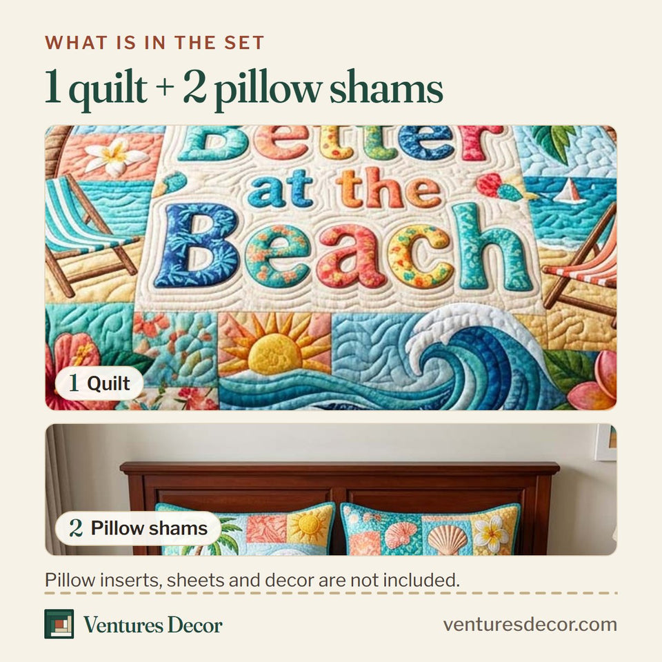 What is in the set: one quilt and two pillow shams, shown in the Beach Patchwork design