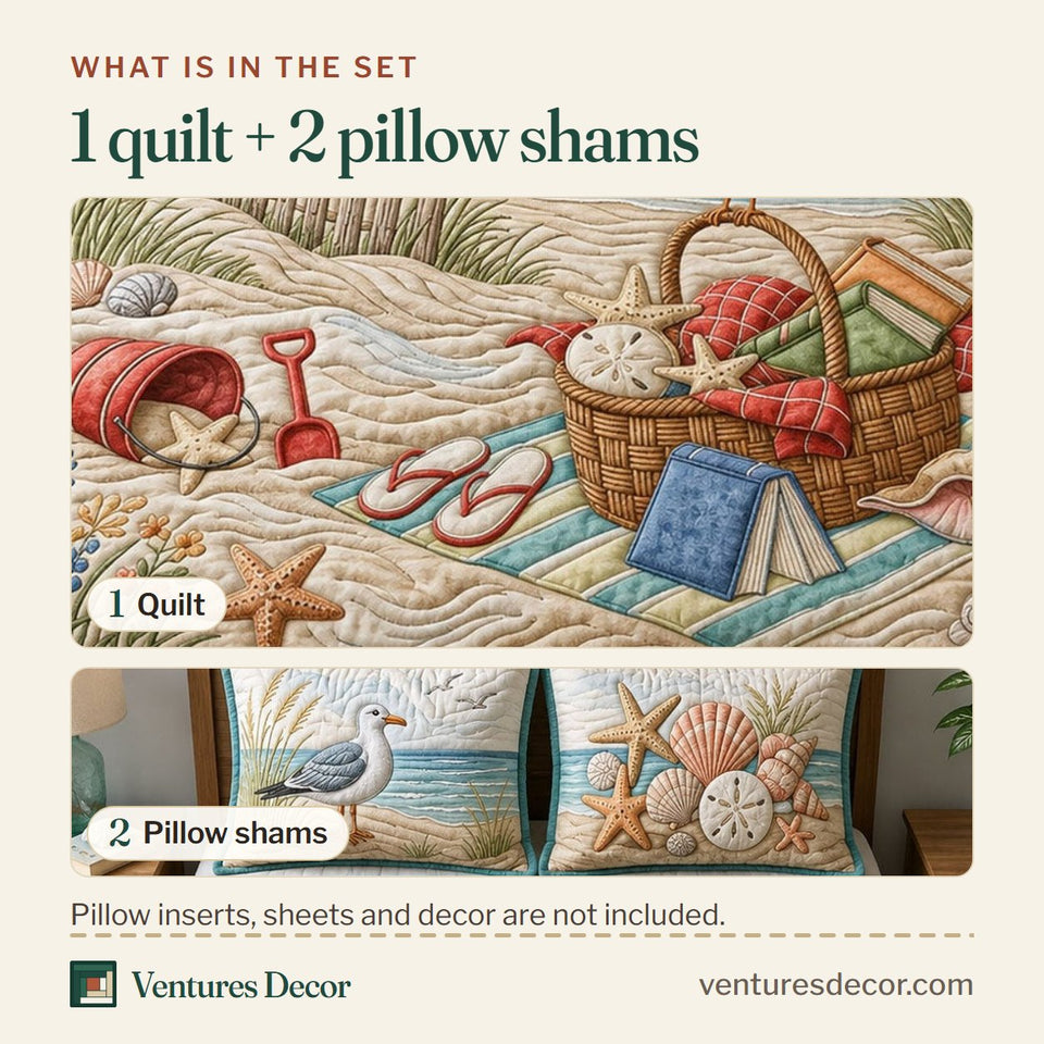 What is in the set: one quilt and two pillow shams, shown in the Beach Picnic Boardwalk Breeze design