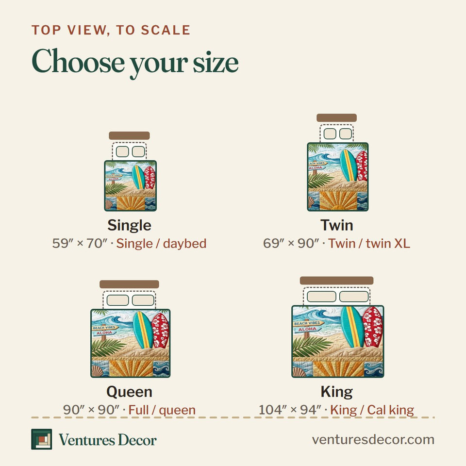 Size guide for the Beach Vibes Aloha quilt, top view to scale: Single 59 x 70 in, Twin 69 x 90 in, Queen 90 x 90 in, King 104 x 94 in