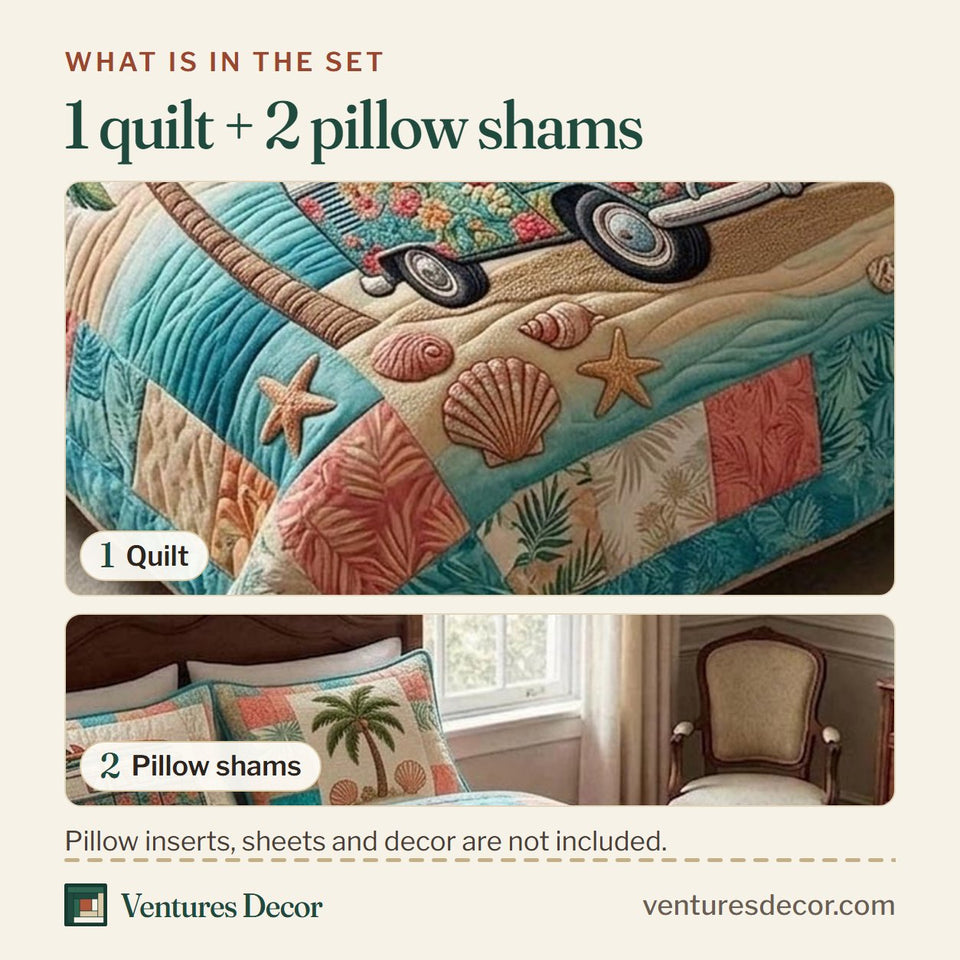 What is in the set: one quilt and two pillow shams, shown in the Beachside in Gray design