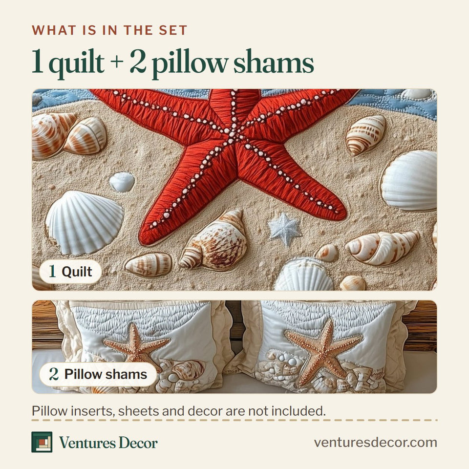 What is in the set: one quilt and two pillow shams, shown in the Beachside Jewels design