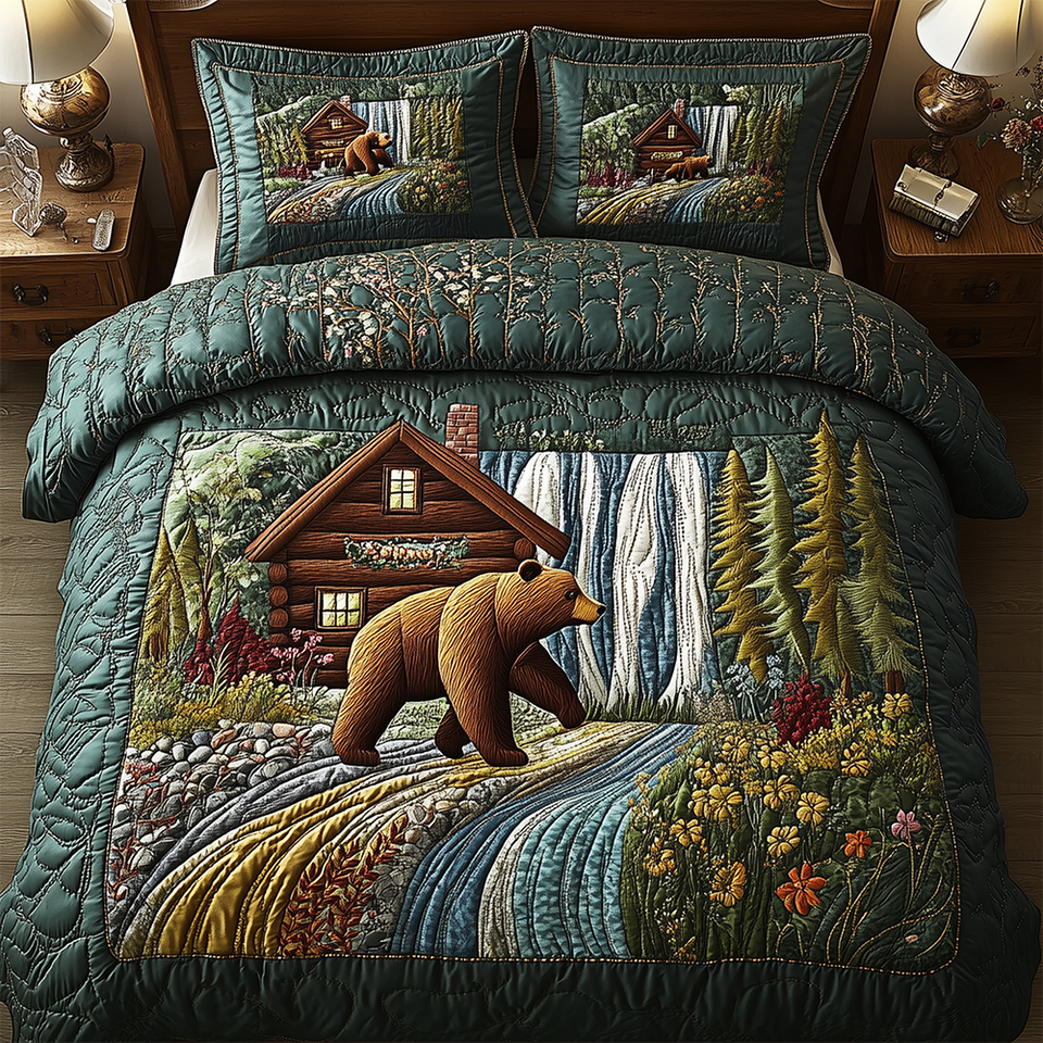 Bear and Cabin Bear Beside the Emerald Falls quilted bedding set, quilt and two pillow shams on a made bed