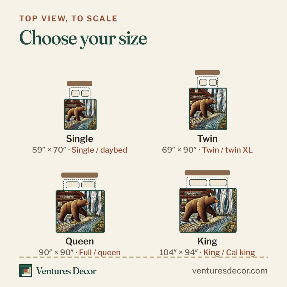 Size guide for the Bear and Cabin Bear Beside the Emerald Falls quilt, top view to scale: Single 59 x 70 in, Twin 69 x 90 in, Queen 90 x 90 in, King 104 x 94 in