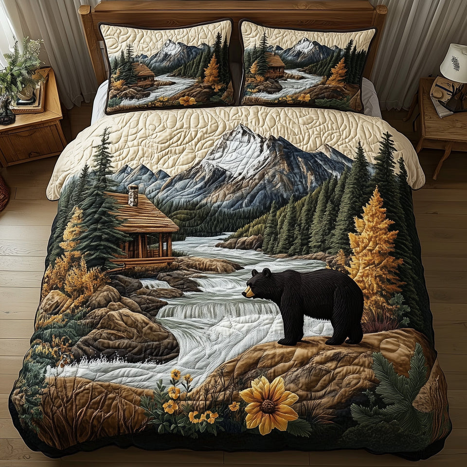 Bear and Cabin Snowy Peak and Sunflower Bank quilted bedding set, quilt and two pillow shams on a made bed