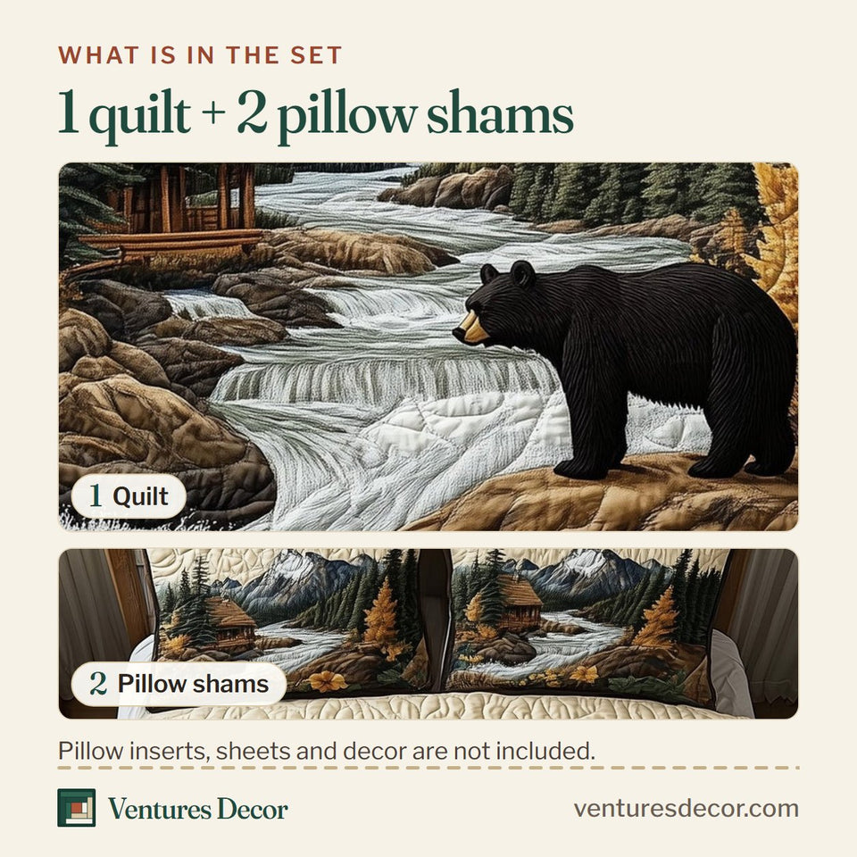 What is in the set: one quilt and two pillow shams, shown in the Bear and Cabin Snowy Peak and Sunflower Bank design