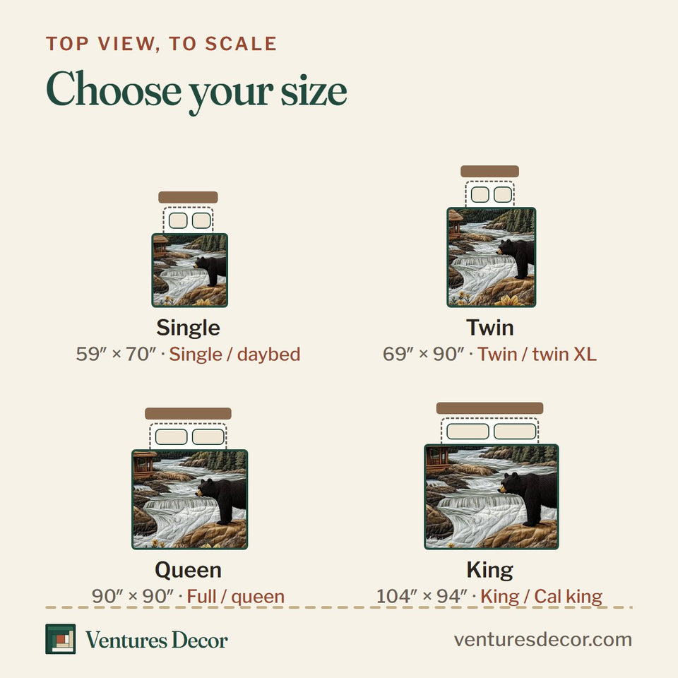 Size guide for the Bear and Cabin Snowy Peak and Sunflower Bank quilt, top view to scale: Single 59 x 70 in, Twin 69 x 90 in, Queen 90 x 90 in, King 104 x 94 in