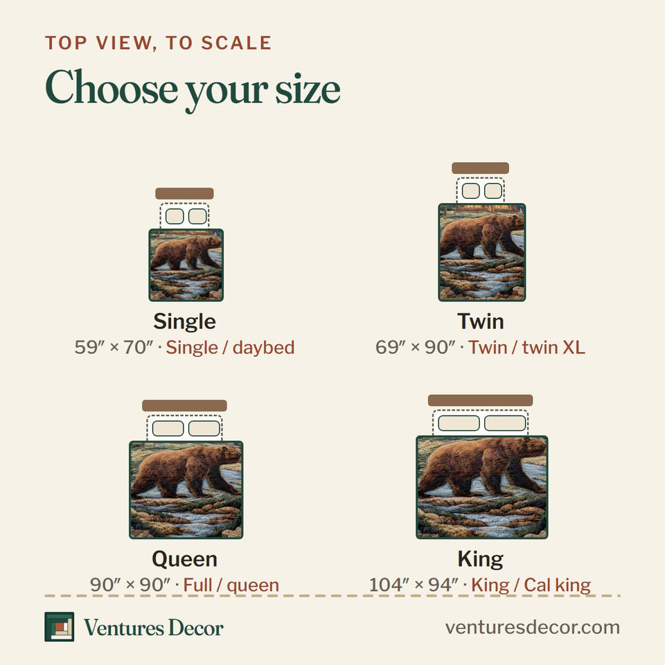 Size guide for the Bear Cabin Wilderness quilt, top view to scale: Single 59 x 70 in, Twin 69 x 90 in, Queen 90 x 90 in, King 104 x 94 in