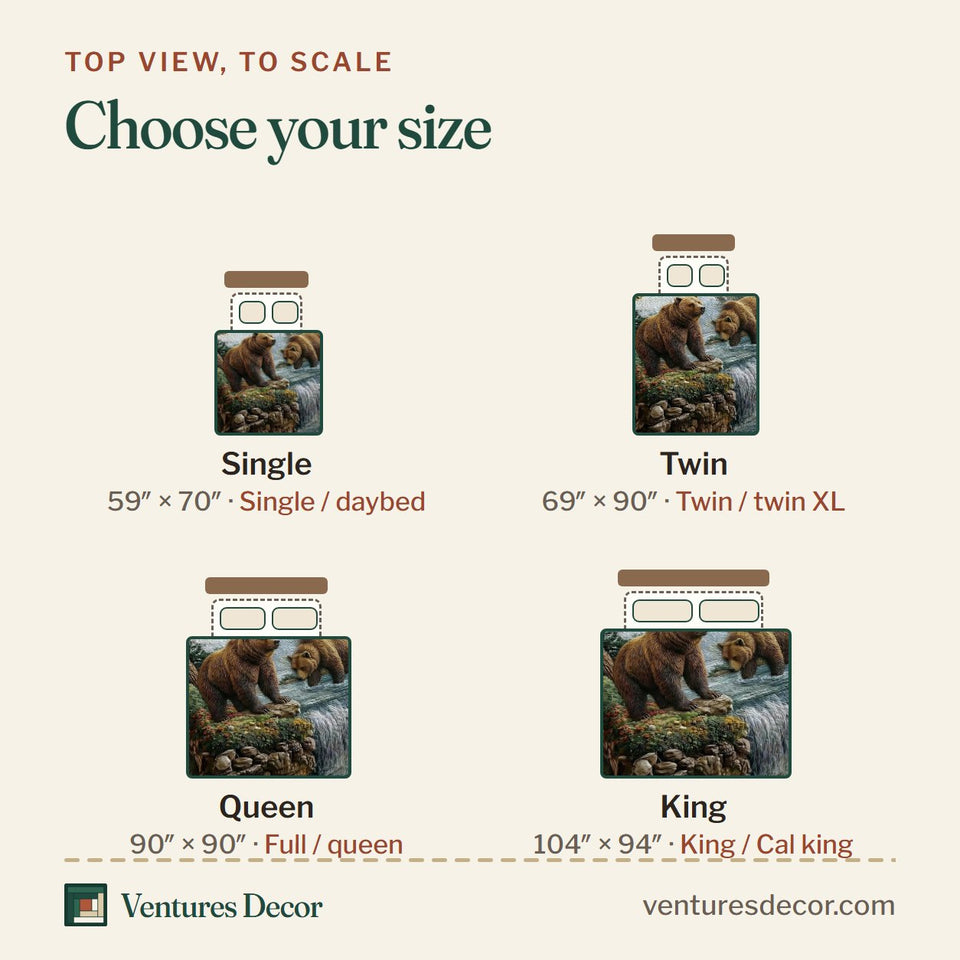 Size guide for the Bear Couple quilt, top view to scale: Single 59 x 70 in, Twin 69 x 90 in, Queen 90 x 90 in, King 104 x 94 in
