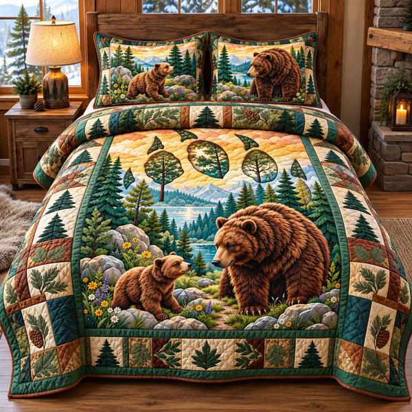 Bear Family Forest quilted bedding set, quilt and two pillow shams on a made bed