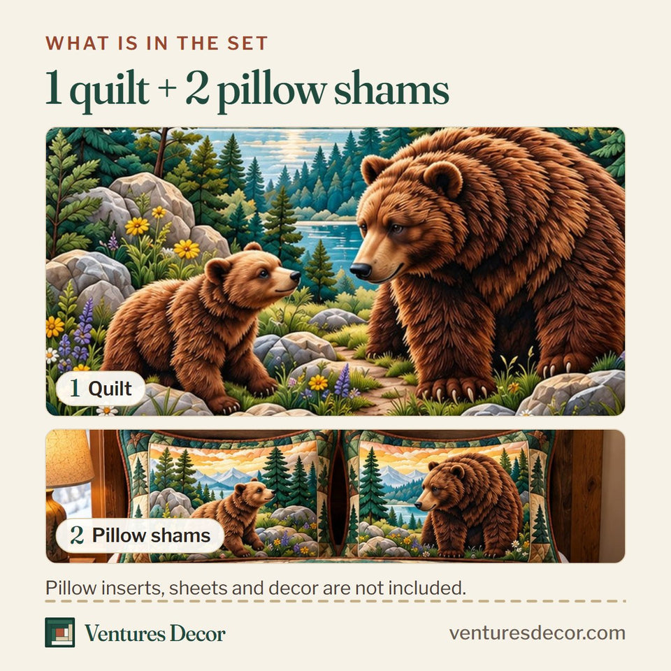 What is in the set: one quilt and two pillow shams, shown in the Bear Family Forest Quilt Set, 3-Piece Quilted Bedding with 2 Pillow Shams design