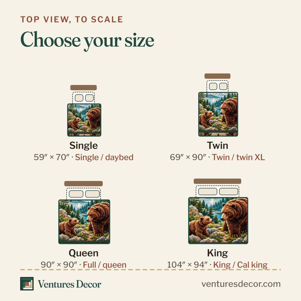 Size guide for the Bear Family Forest Quilt Set, 3-Piece Quilted Bedding with 2 Pillow Shams quilt, top view to scale: Single 59 x 70 in, Twin 69 x 90 in, Queen 90 x 90 in, King 104 x 94 in