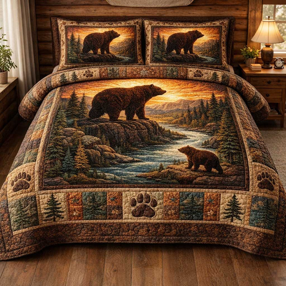 Bear River Sunset Watch quilted bedding set, quilt and two pillow shams on a made bed