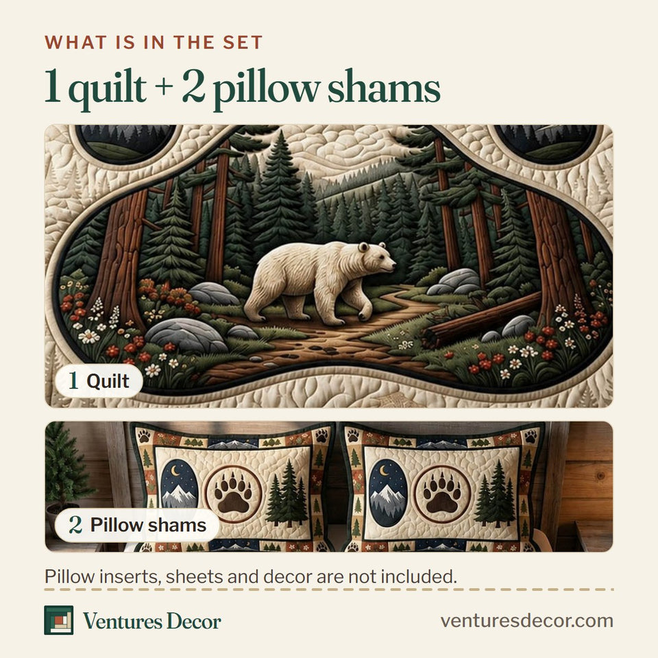 What is in the set: one quilt and two pillow shams, shown in the Bear Spirit Forest Scene Inside a Paw Print design