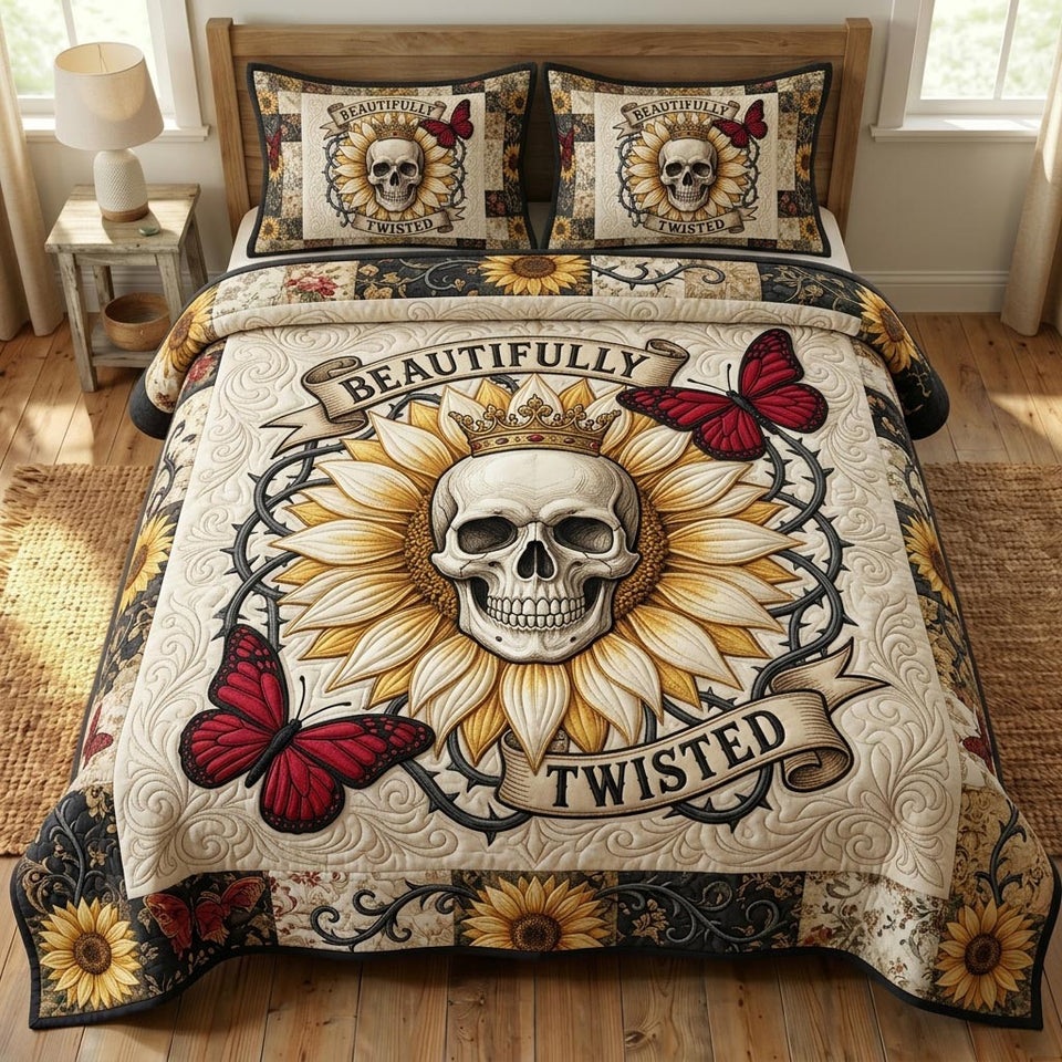 Beautifully Twisted Skull Bloom quilted bedding set, quilt and two pillow shams on a made bed