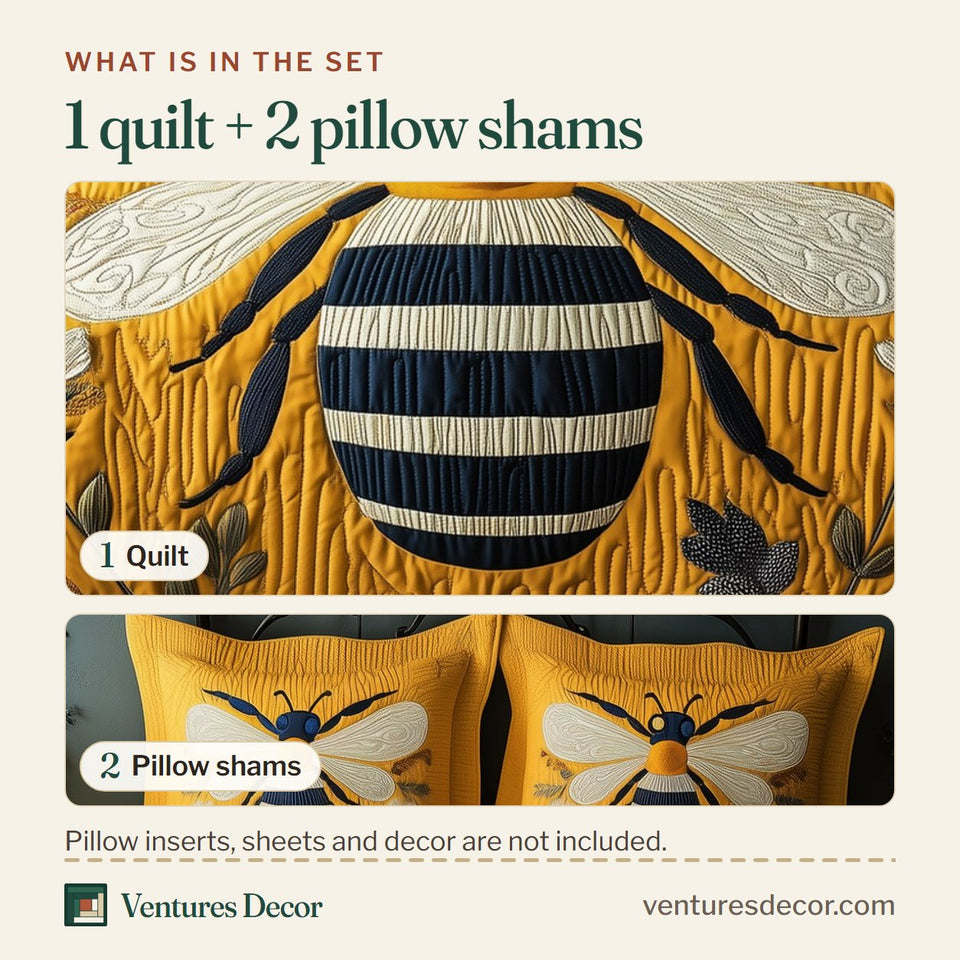 What is in the set: one quilt and two pillow shams, shown in the Bee Golden Quilt with a Resting Bee design
