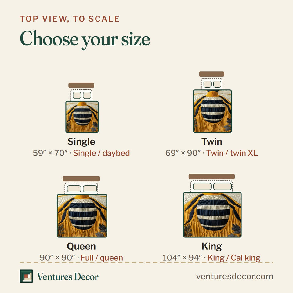 Size guide for the Bee Golden Quilt with a Resting Bee quilt, top view to scale: Single 59 x 70 in, Twin 69 x 90 in, Queen 90 x 90 in, King 104 x 94 in