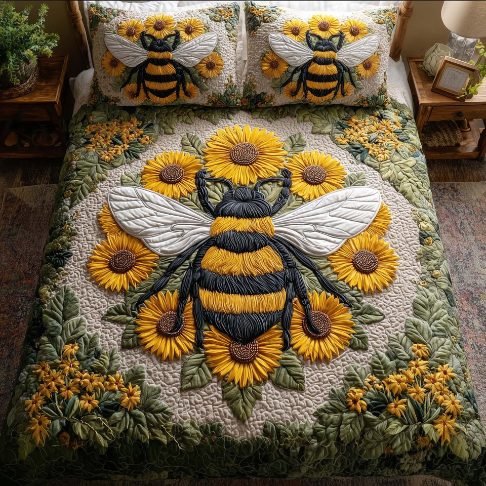 Bee Heaven Bee In A Sunflower Ring quilted bedding set, quilt and two pillow shams on a made bed